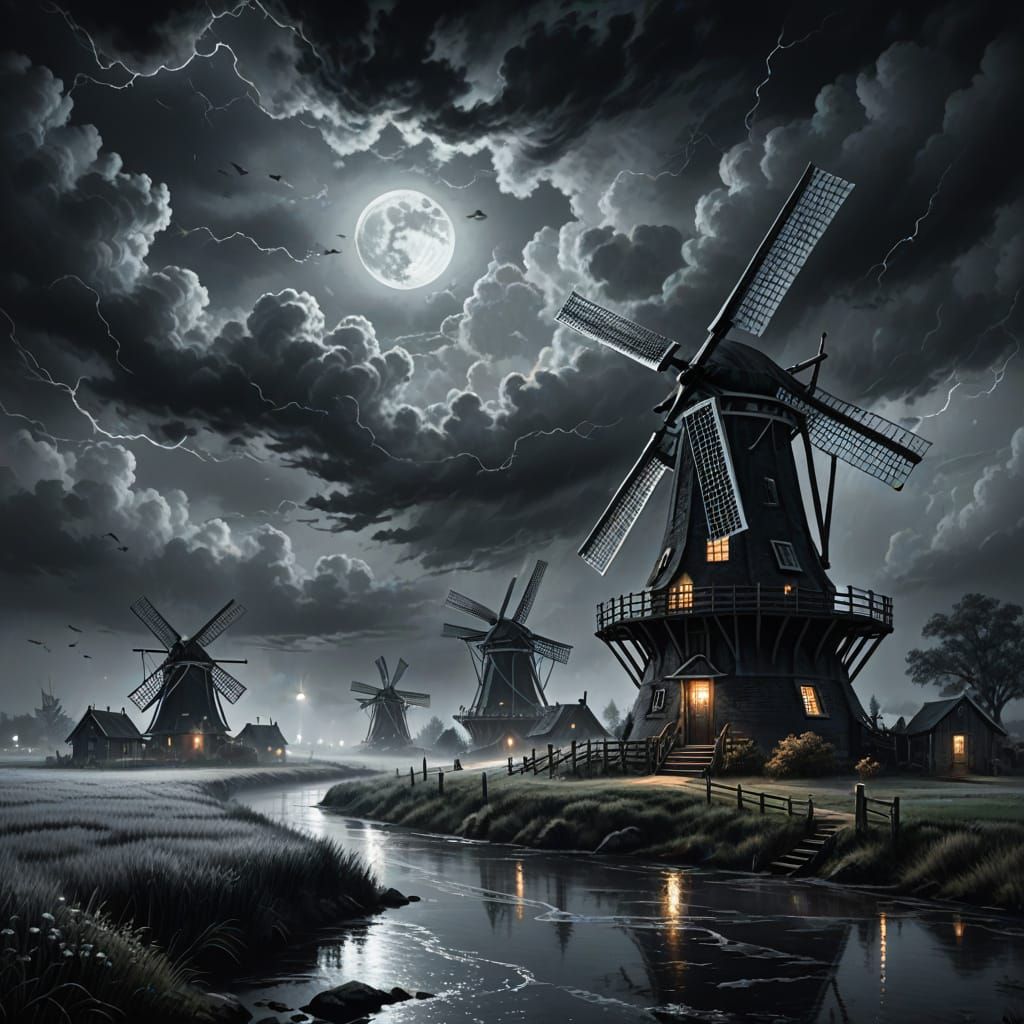 Ethereal Mist Swirls Around Dutch Windmills Under Stormy Moo...