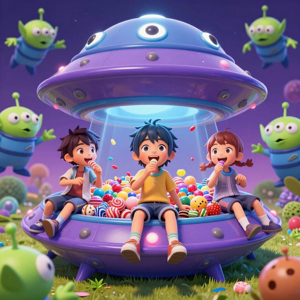 Children Eat Sweets From UFOs As Aliens Flee in 3D Anime Sty...