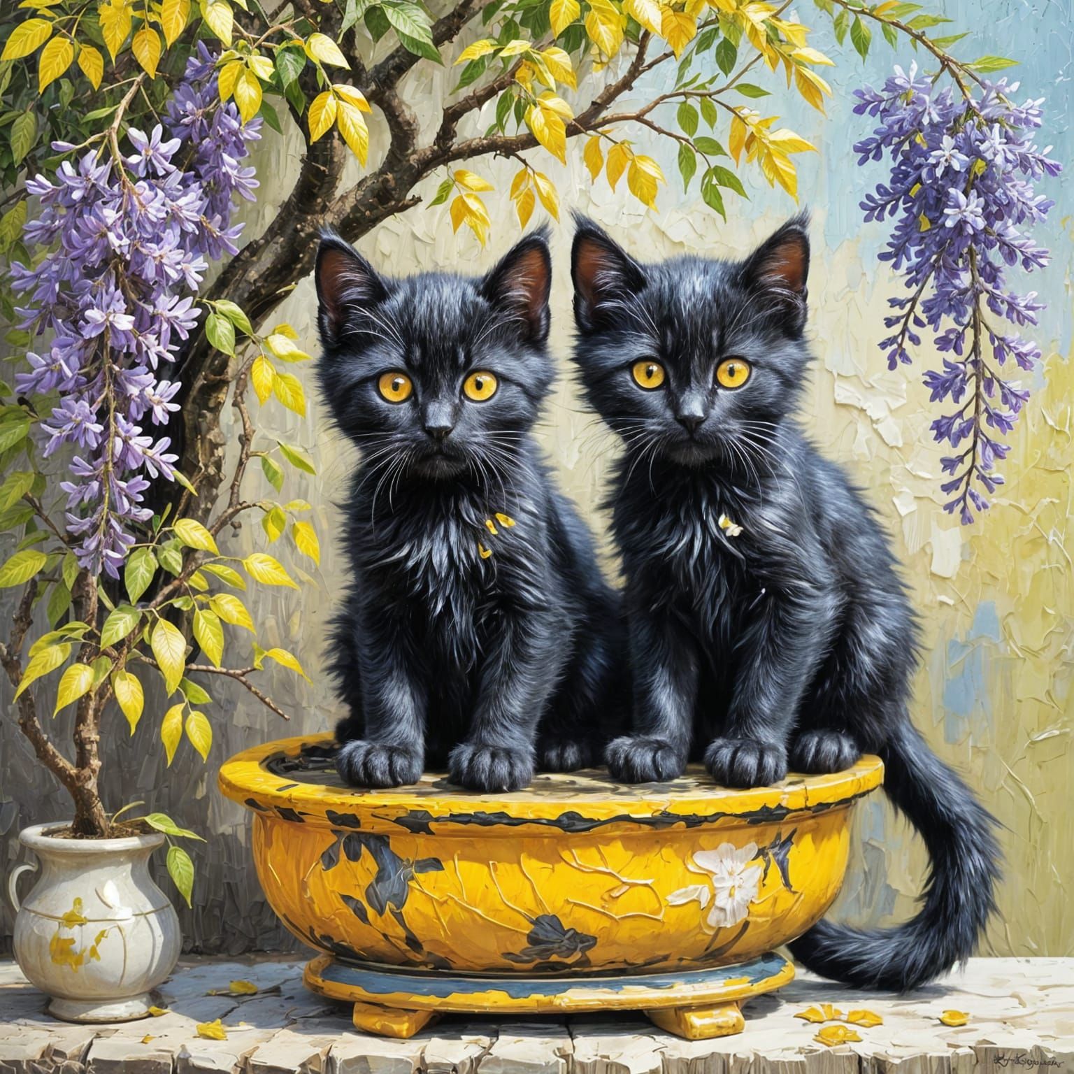 Black Kittens Under Wisteria: An Impasto Oil Painting