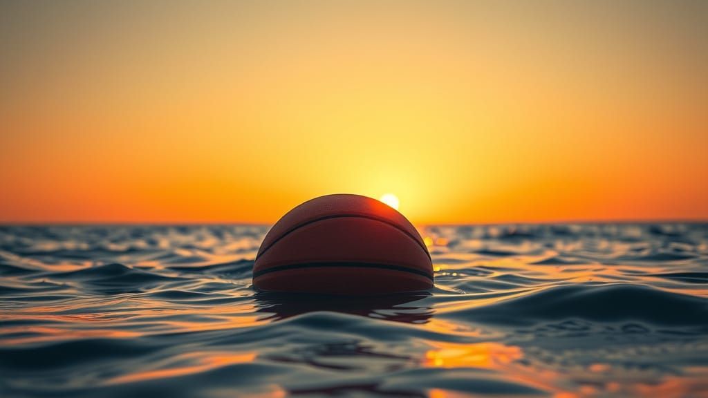 Basketball Floating in Ocean at Sunrise: Dreamlike Digital A...