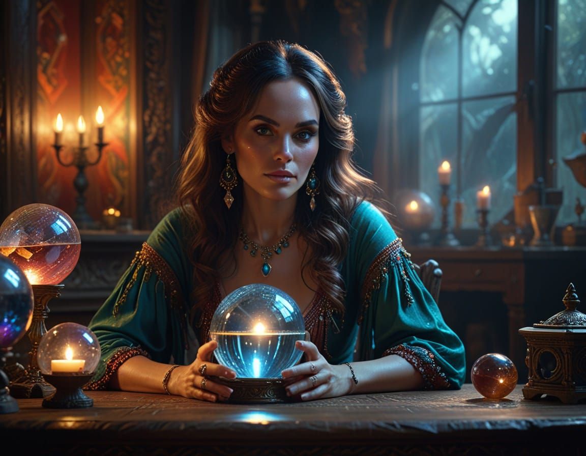 Glamorous Fortune Teller in Gypsy Attire, Photorealistic Por...