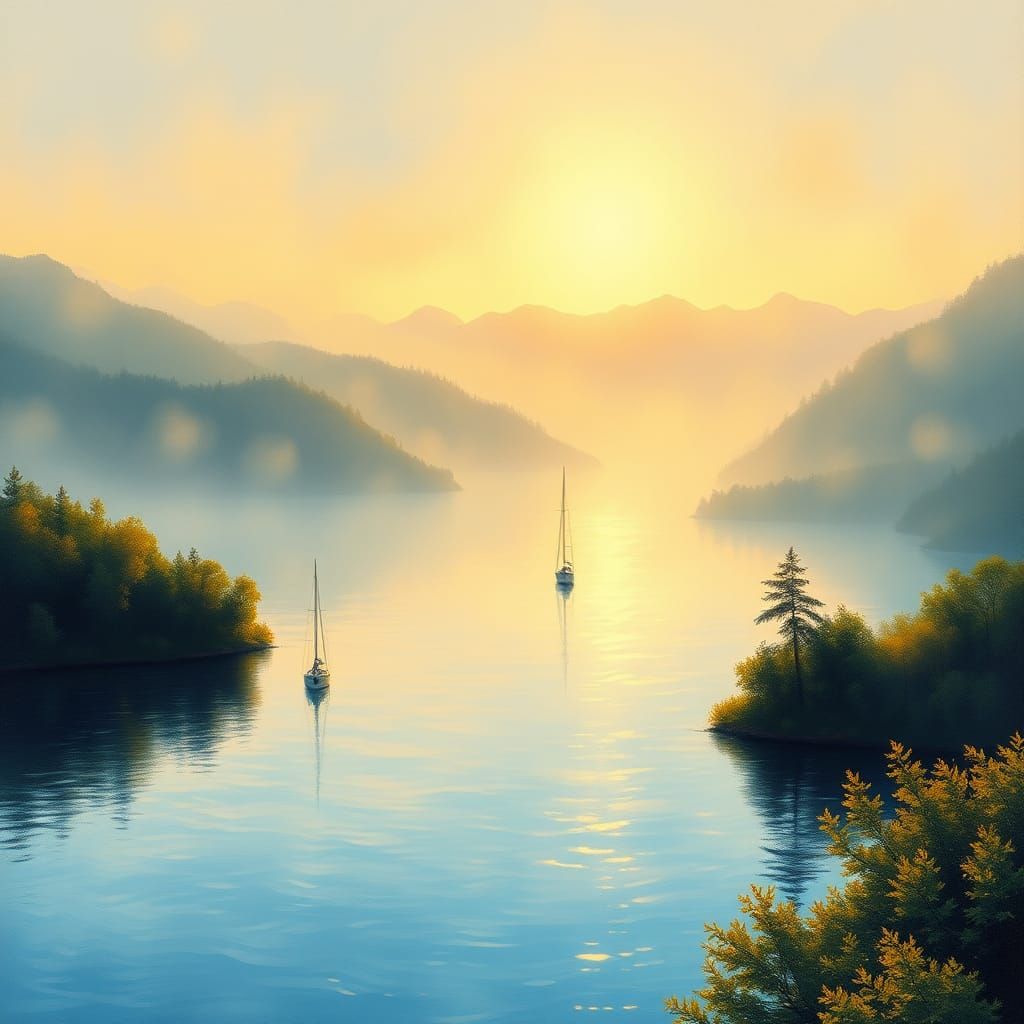 Misty Lake at Dawn in Impressionist Style