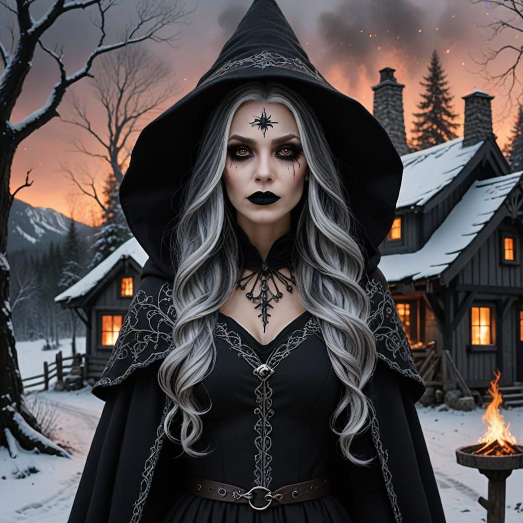 Winter Witch in Snowy Woods at Sunset