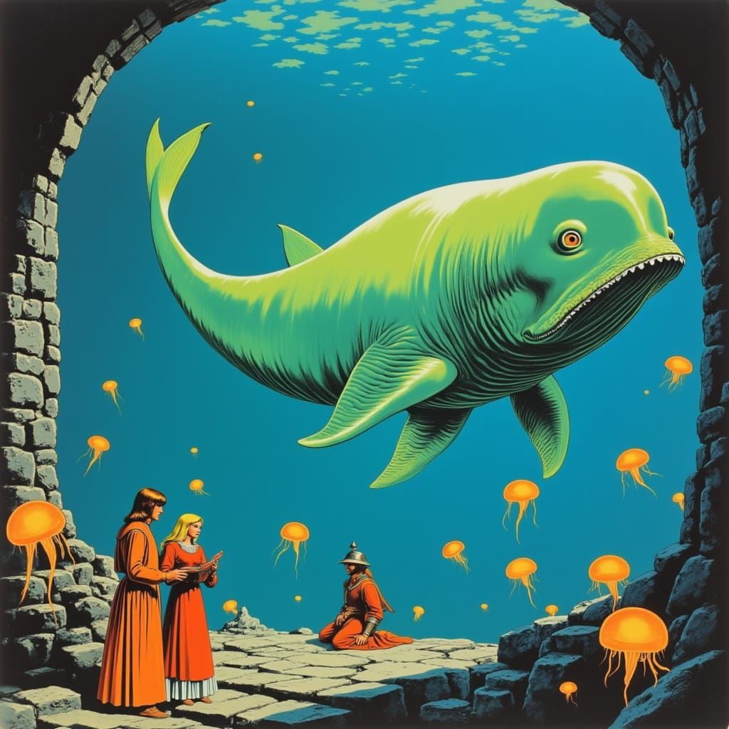 Medieval Pulp Glass Whale in Glowing Ocean