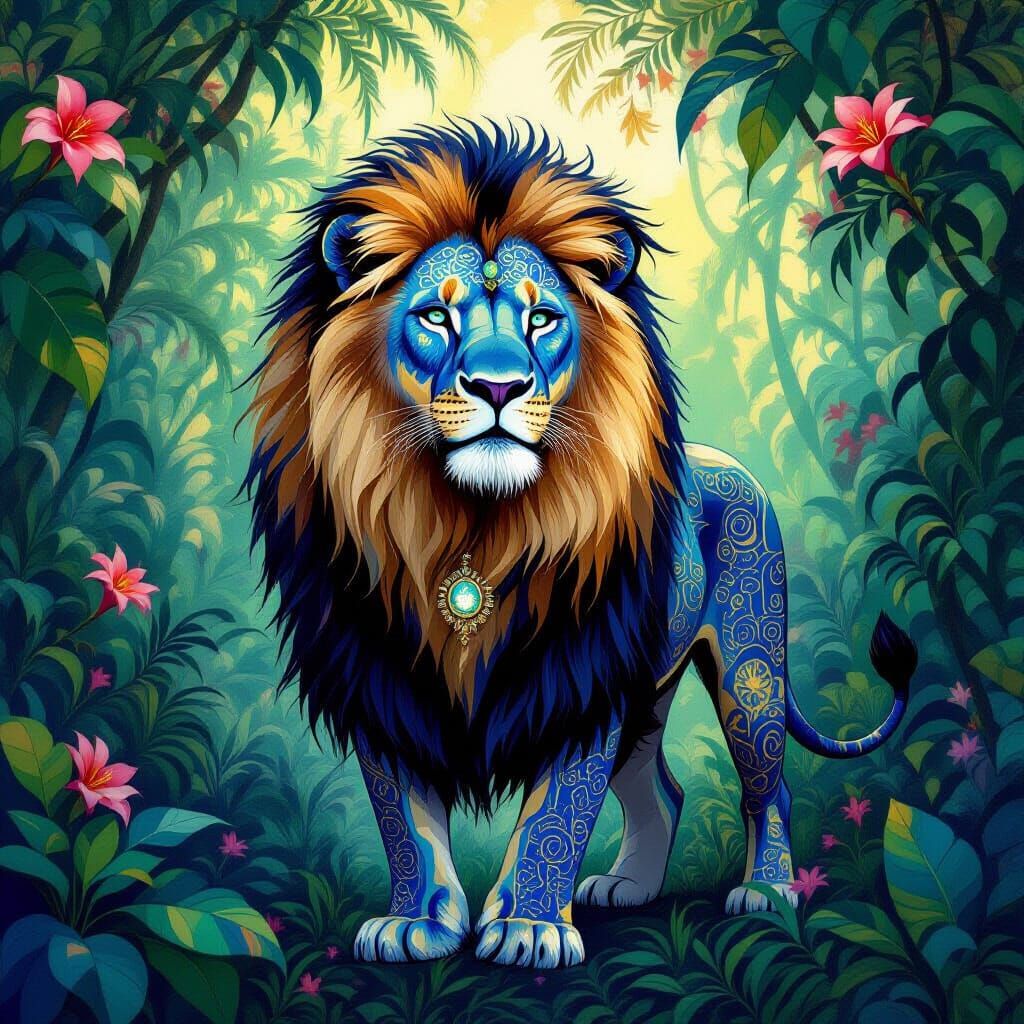 Lapis Lazuli Lion in Glowing Jungle