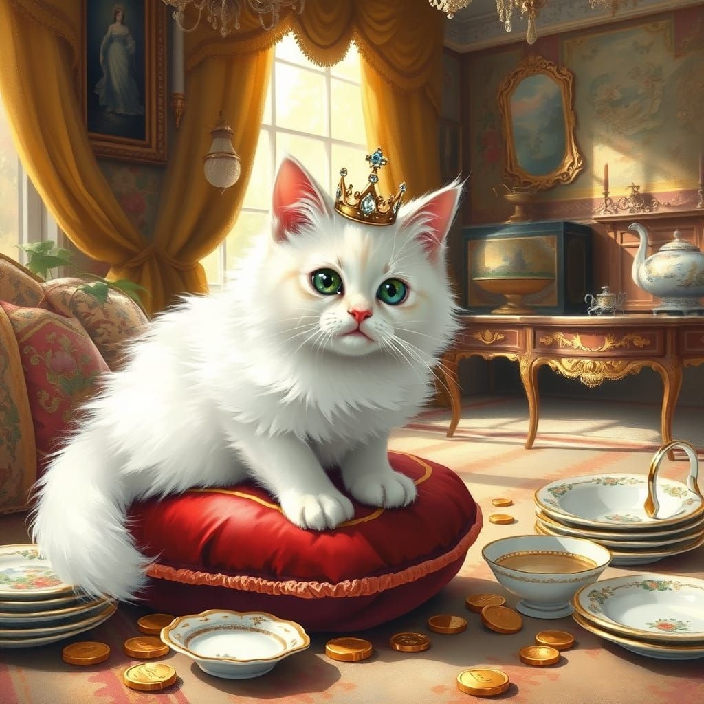 Crowned Cat Amidst Jewels: Impressionist Style