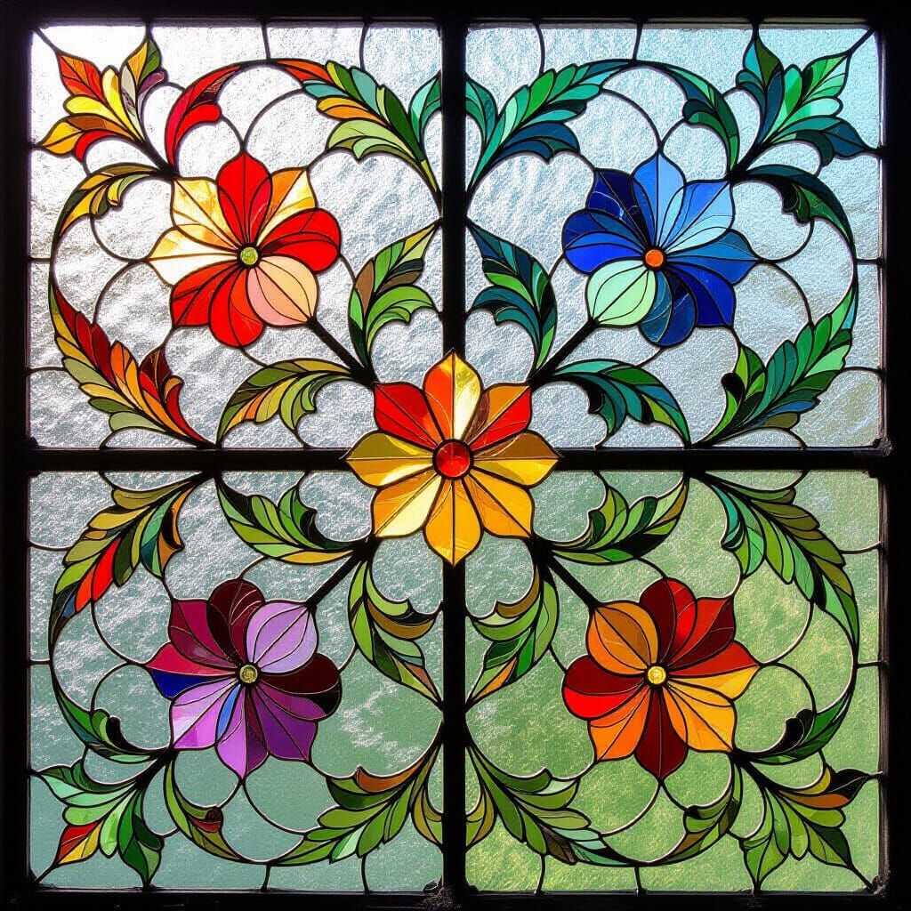 Stained Glass Mosaic of Flowers and Leaves