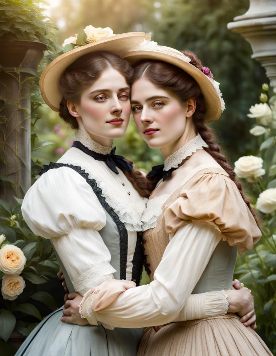 Victorian Sisters Embrace in Garden Portrait