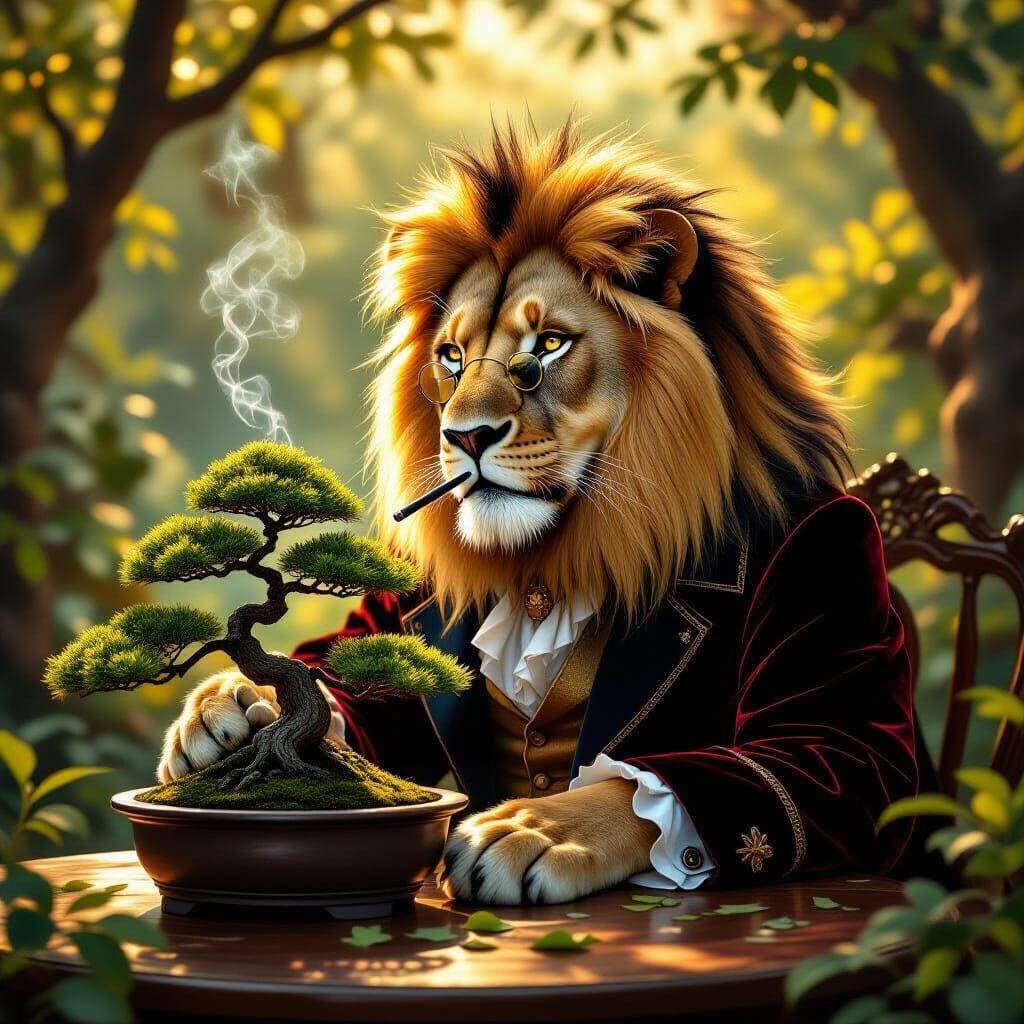 Lion Tends Bonsai Garden in Golden Light