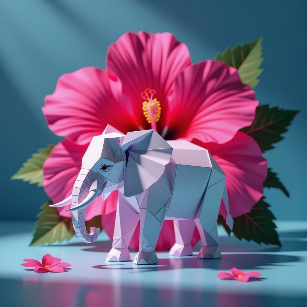 A whimsical elephant made entirely of intricately folded pap...