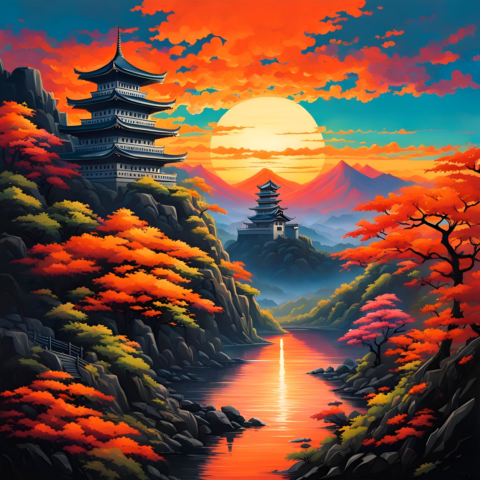 Japanese Castle Sunrise: Graffiti Art Style