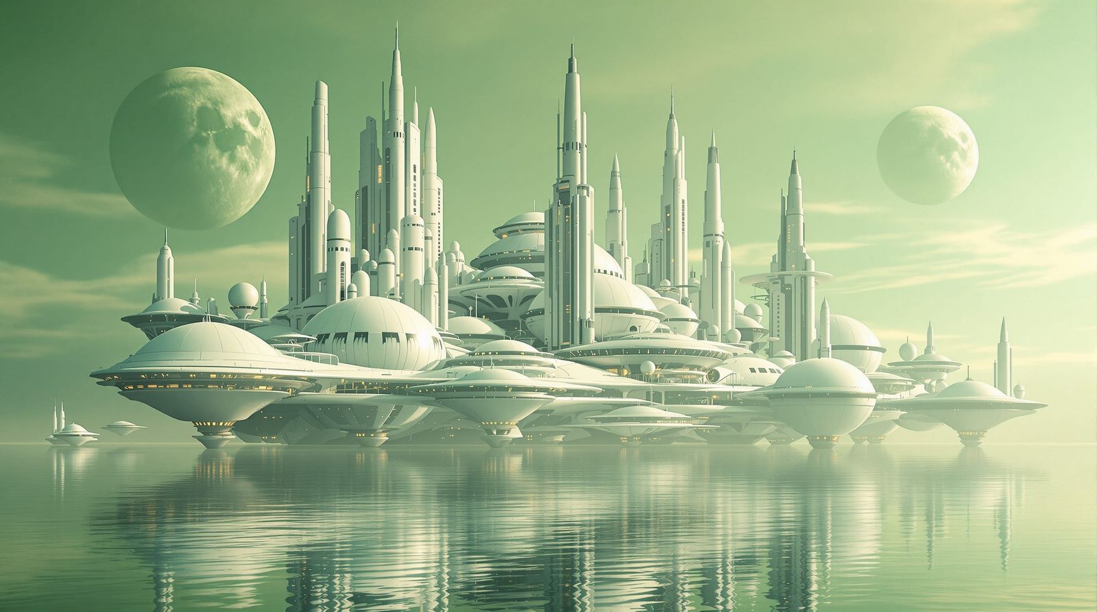 Floating Alien City Reflecting in Calm Ocean