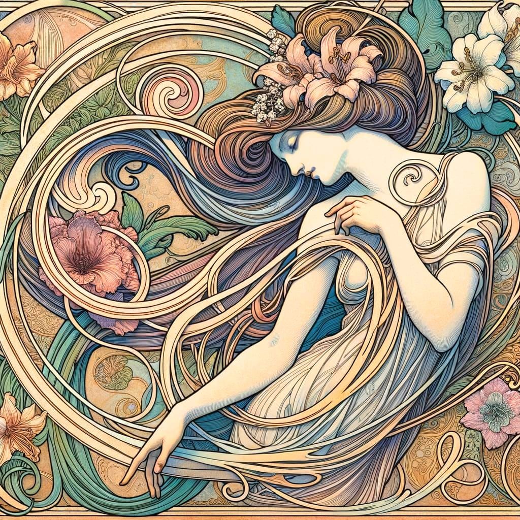 Art Nouveau Allegorical Female Figure with Flowing Lines