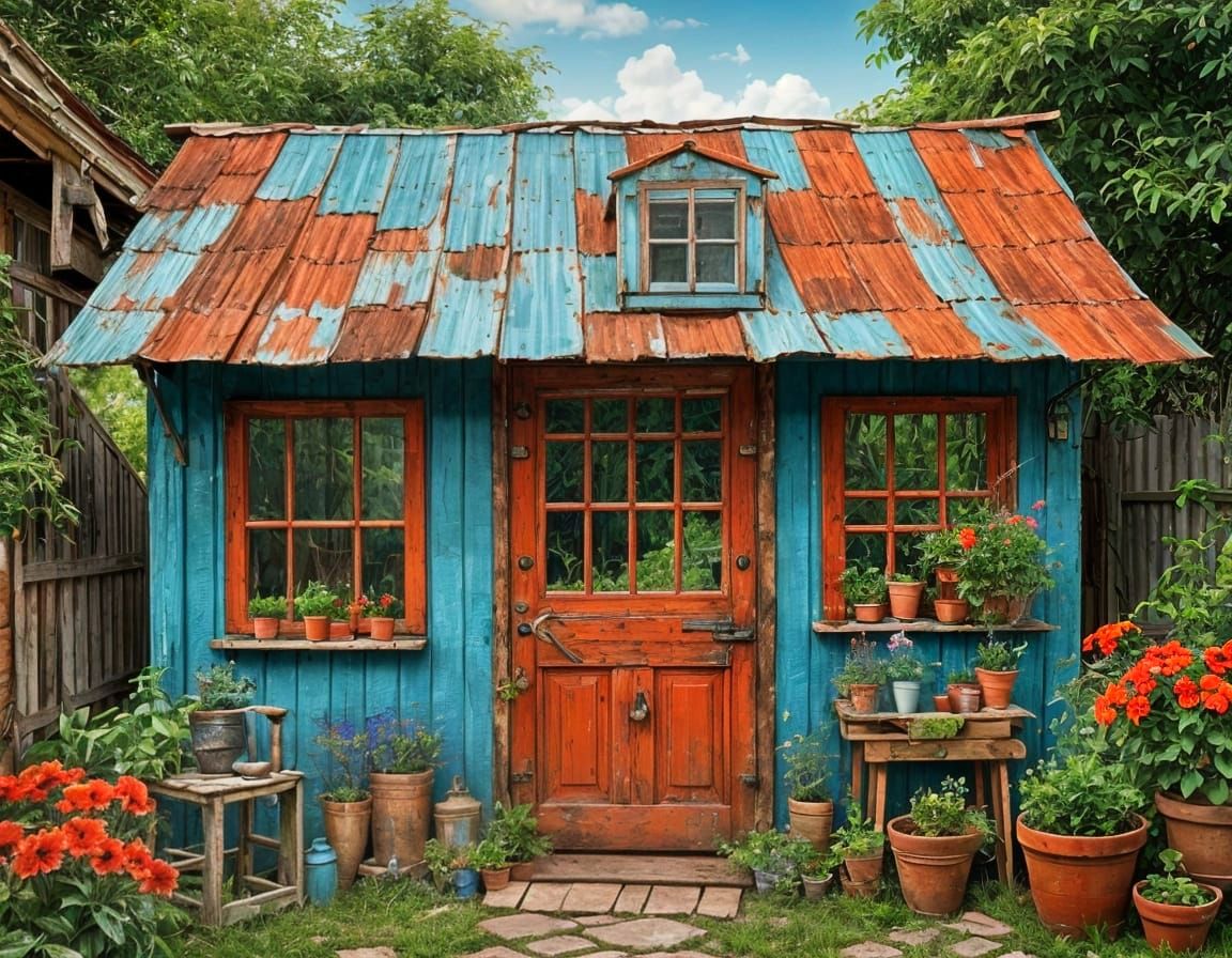 Bohemian Wonky Greenhouse in a Vibrant Garden