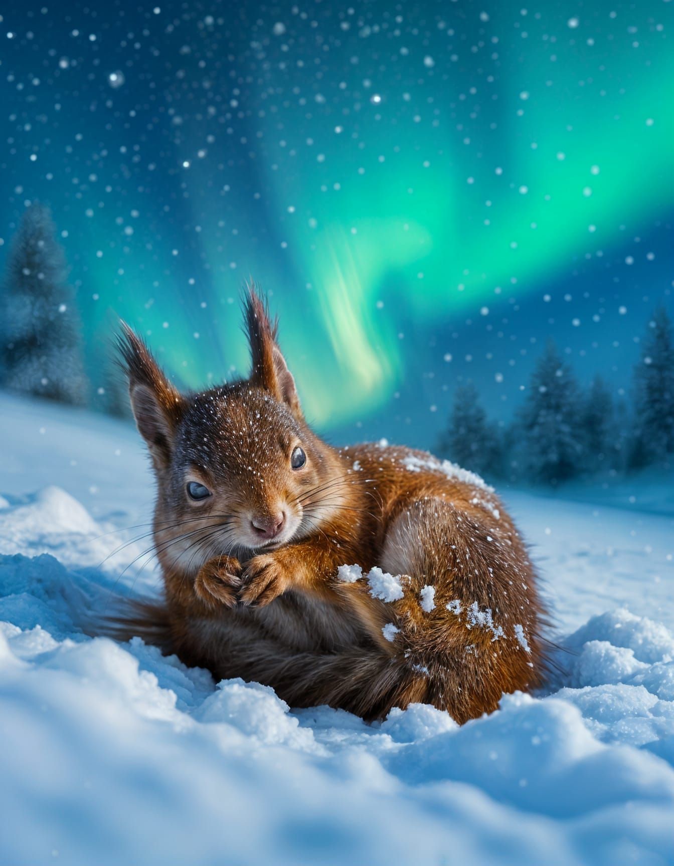 Red Squirrel Sleeps Peacefully Under Northern Lights
