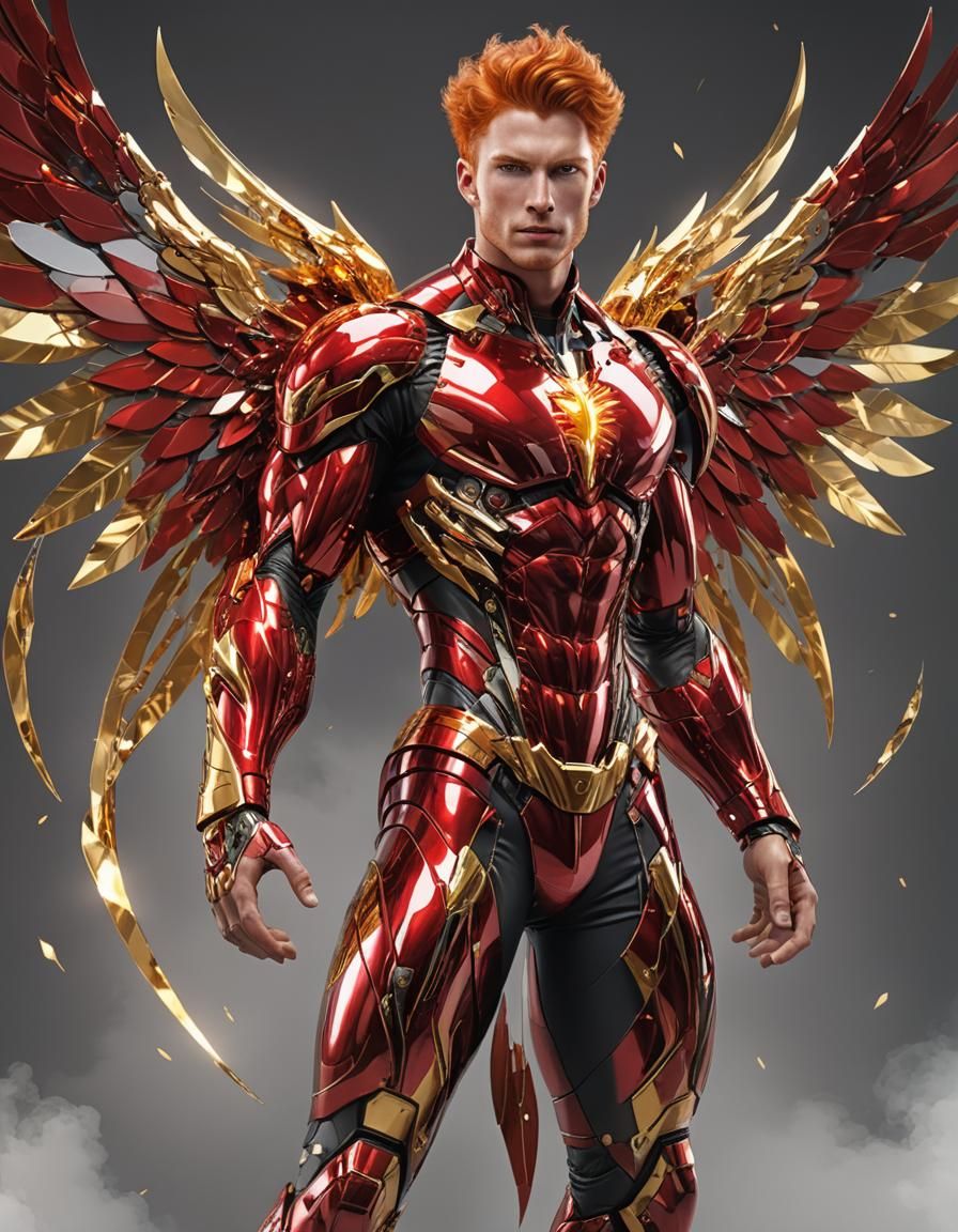 Photorealistic Red-Haired Winged Hero in Lightning Storm