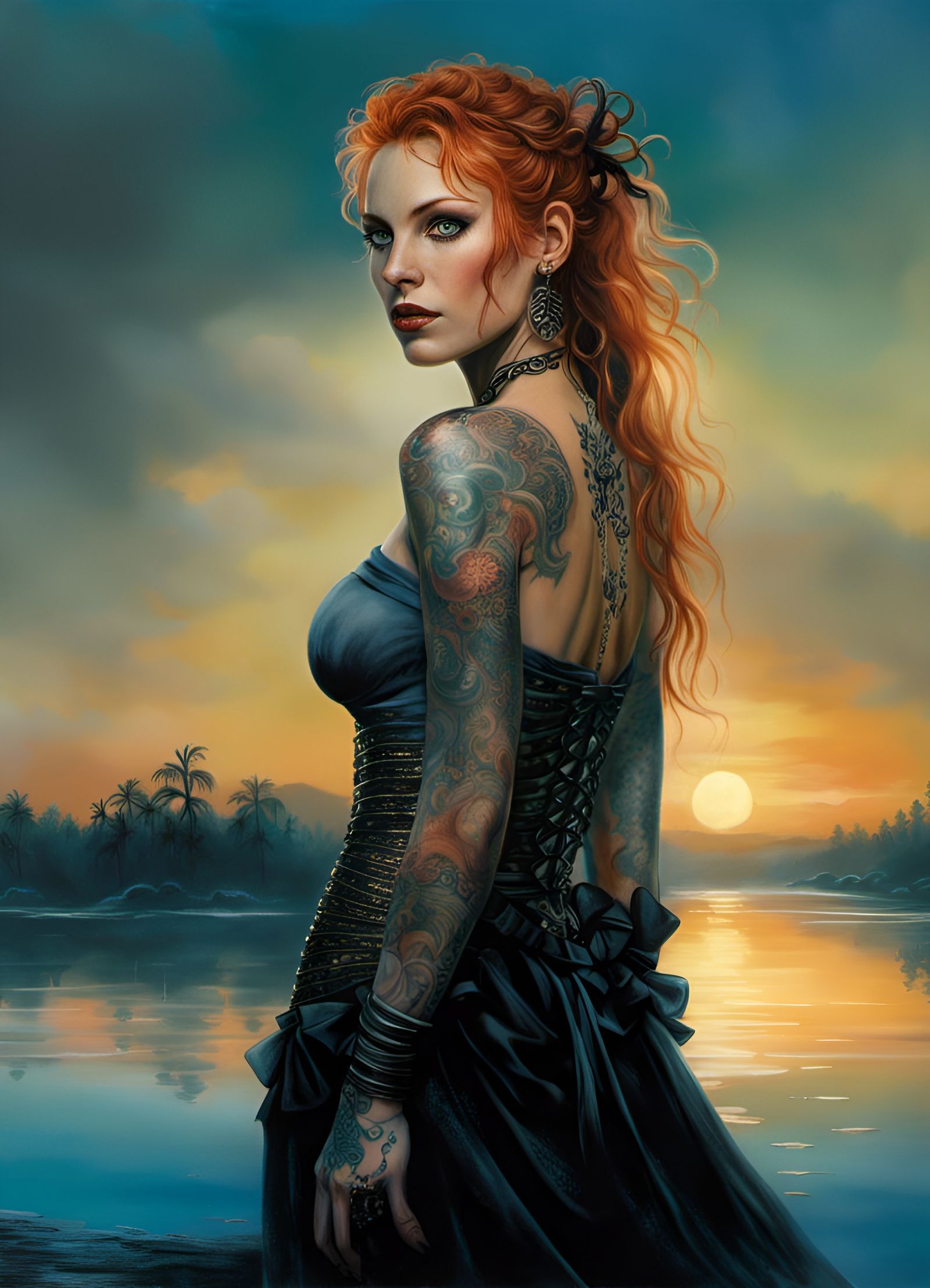 Tattooed Woman Portrait in Dark Fantasy Style