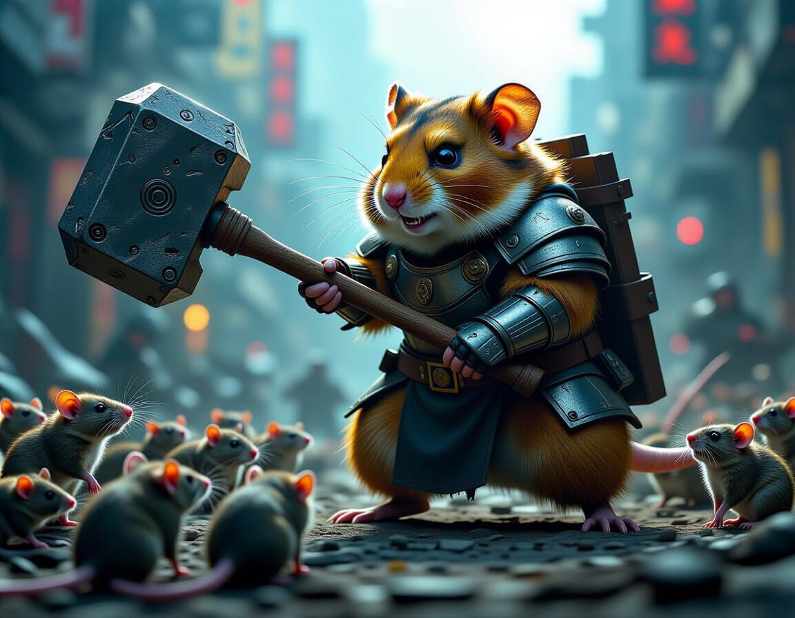 Armored Hamster Battling Rats in Dystopian Landscape