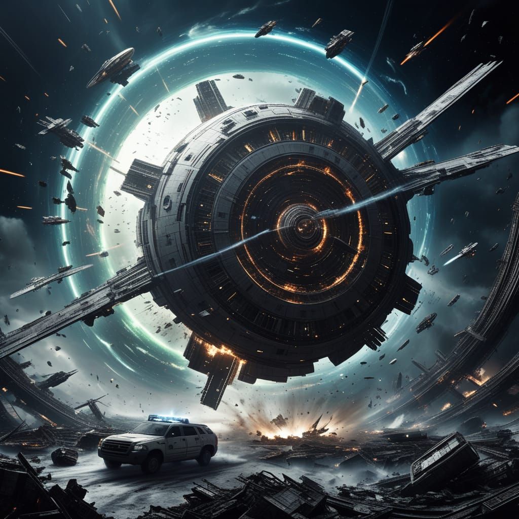 Dramatic Space Battle with Spaceship Crash into Dyson Ring H...