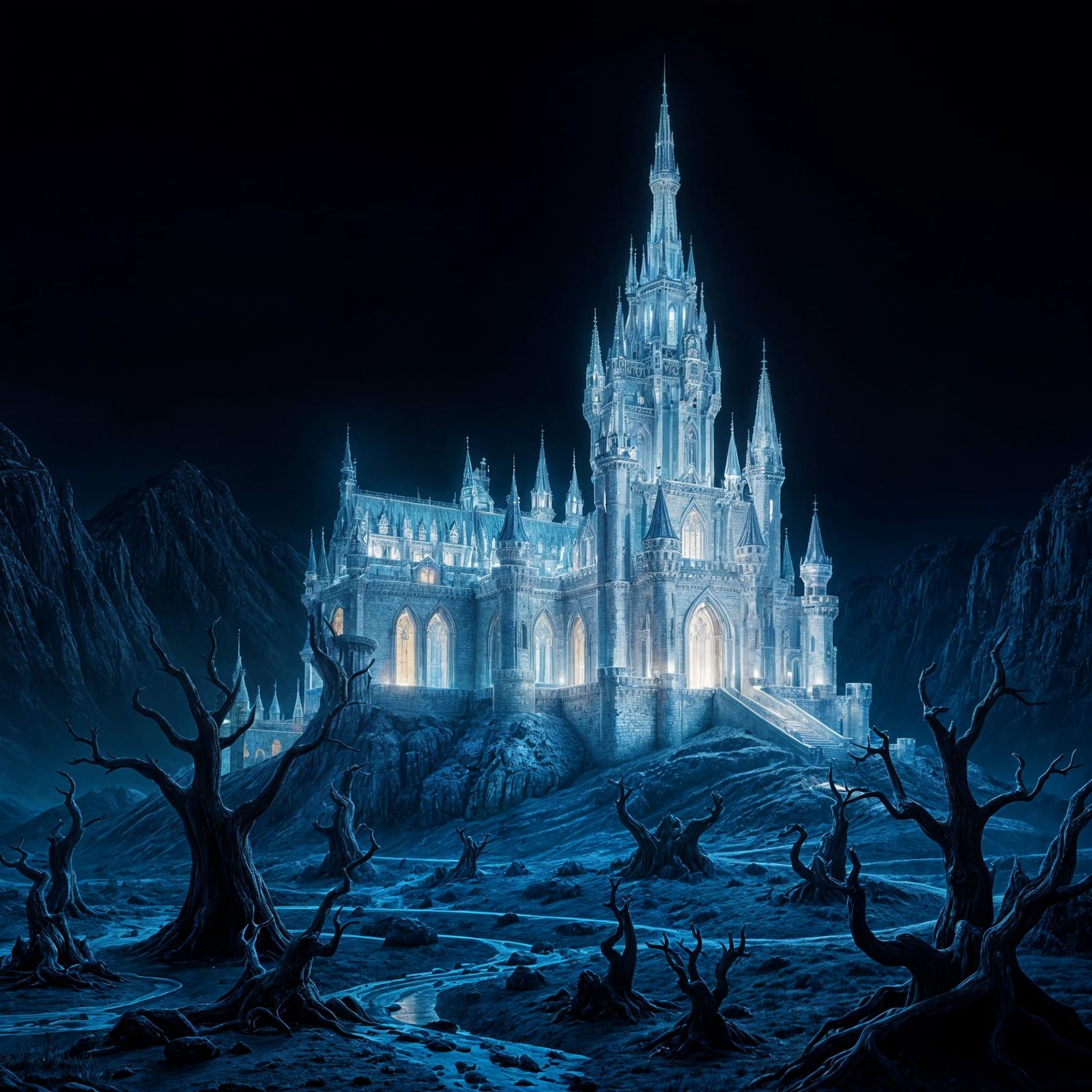 Castle of Iridescent Light in Dark Landscape