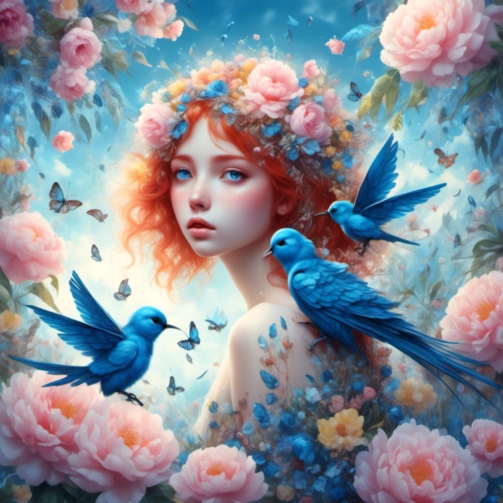 Girl with Bluebird in Pastel Floral Scene