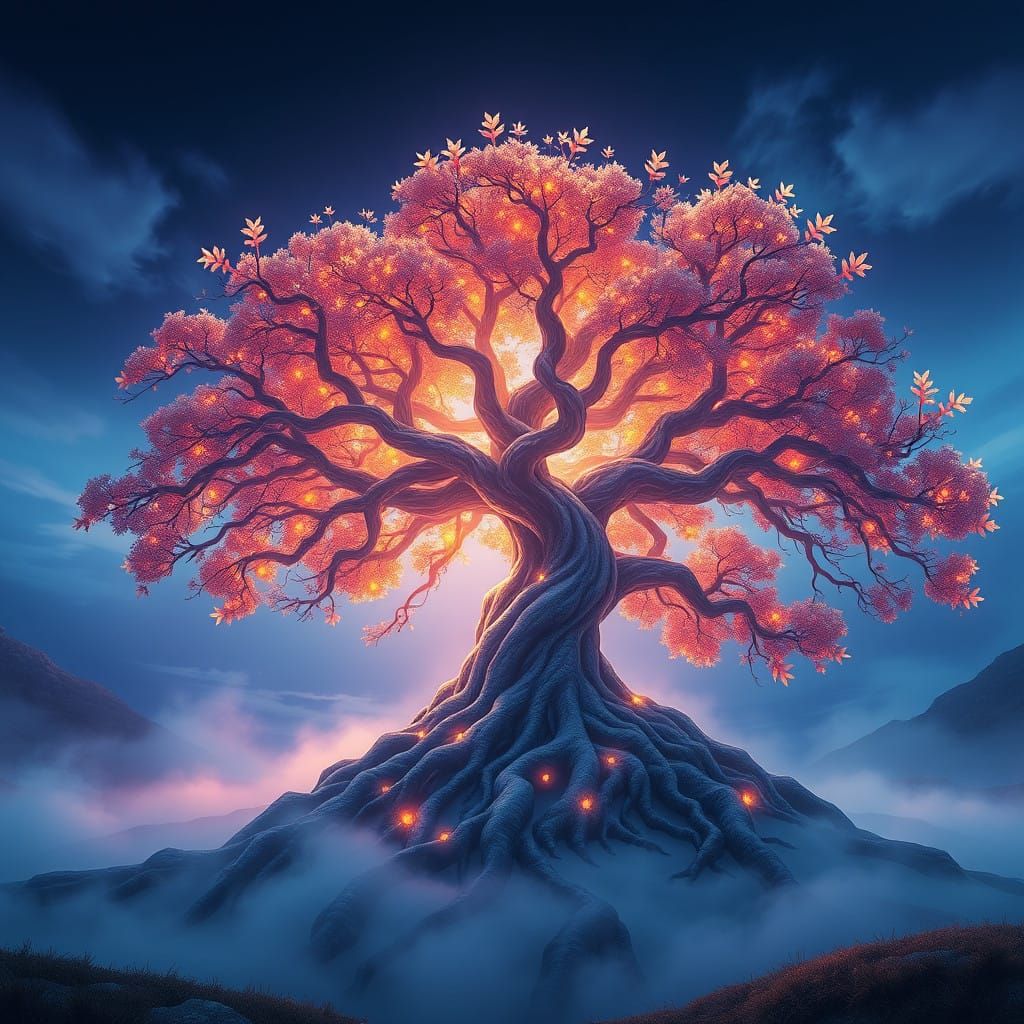 Vibrant Nordic Tree of Life in Ethereal Fantasy Landscape