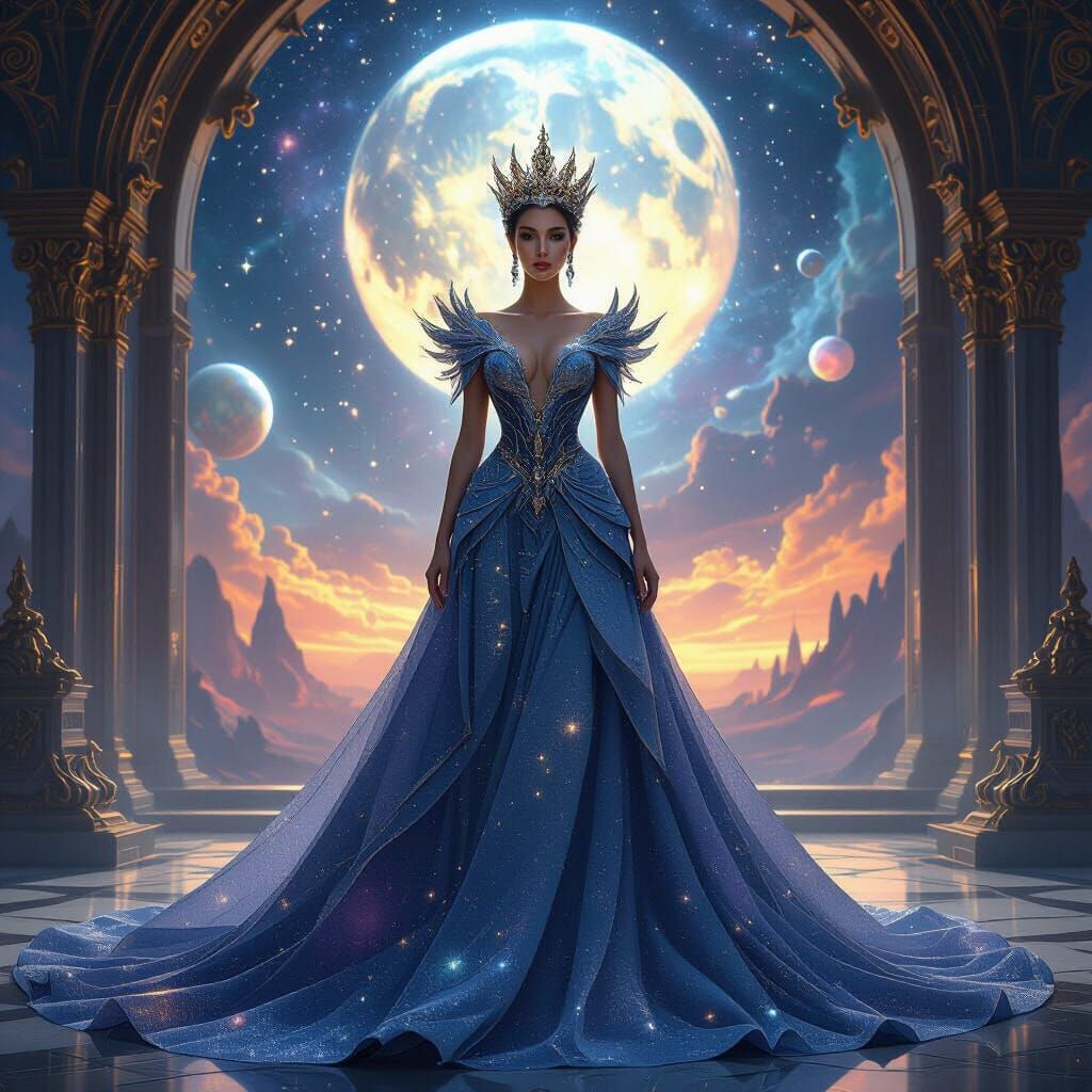 Regal Queen in Cosmic Nebula Gown with Stardust Crown