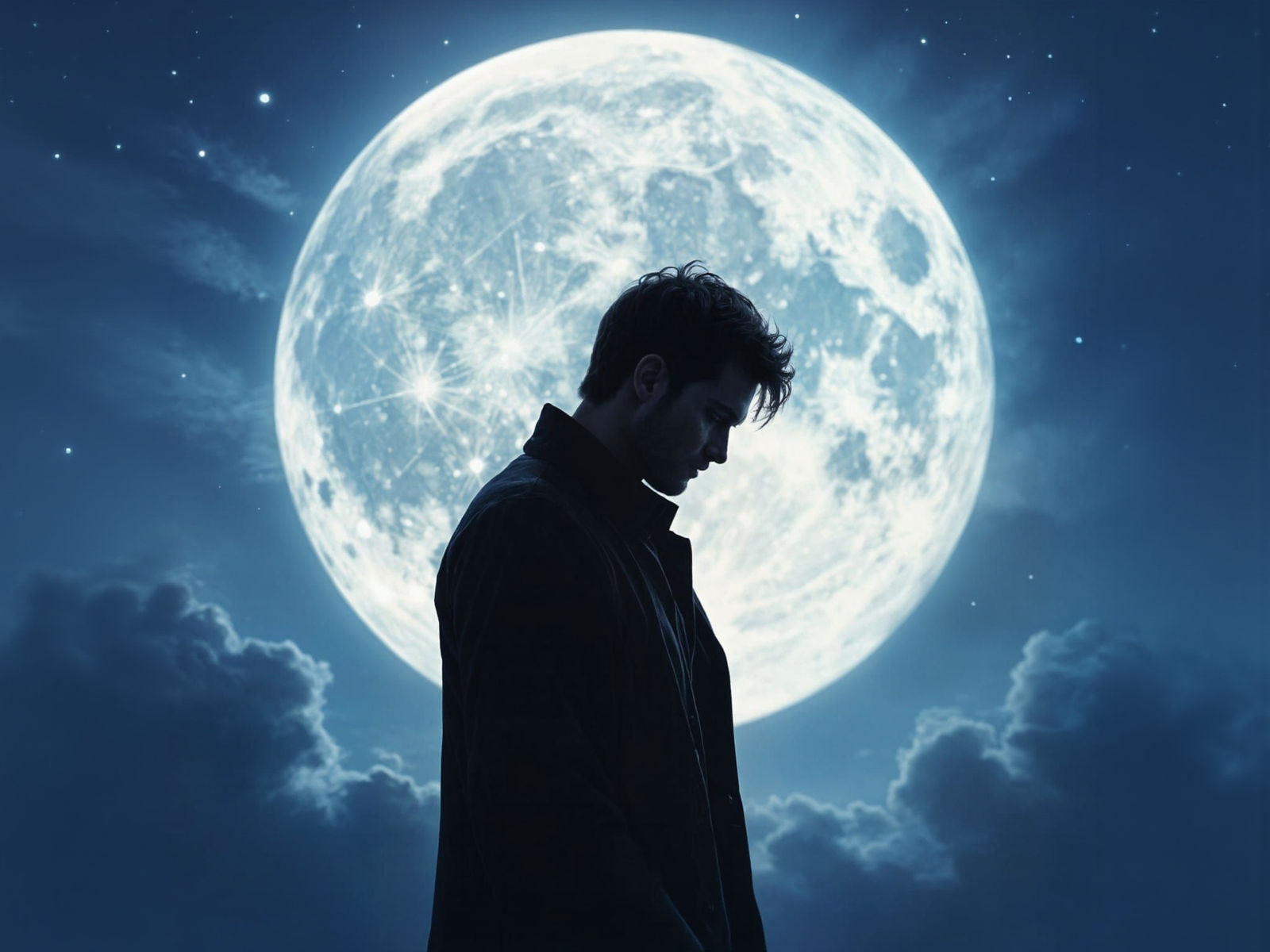 Man Lost in Moonlight Under Full Moon