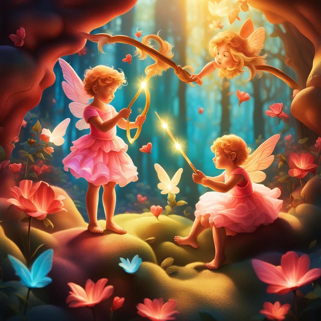 Cupids in Fairy Land Illustration with Volumetric Lighting