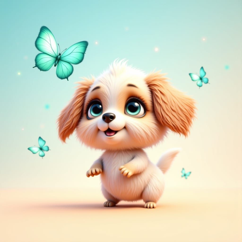 An adorable 3-D chibi puppy with oversized brown eyes and fl...