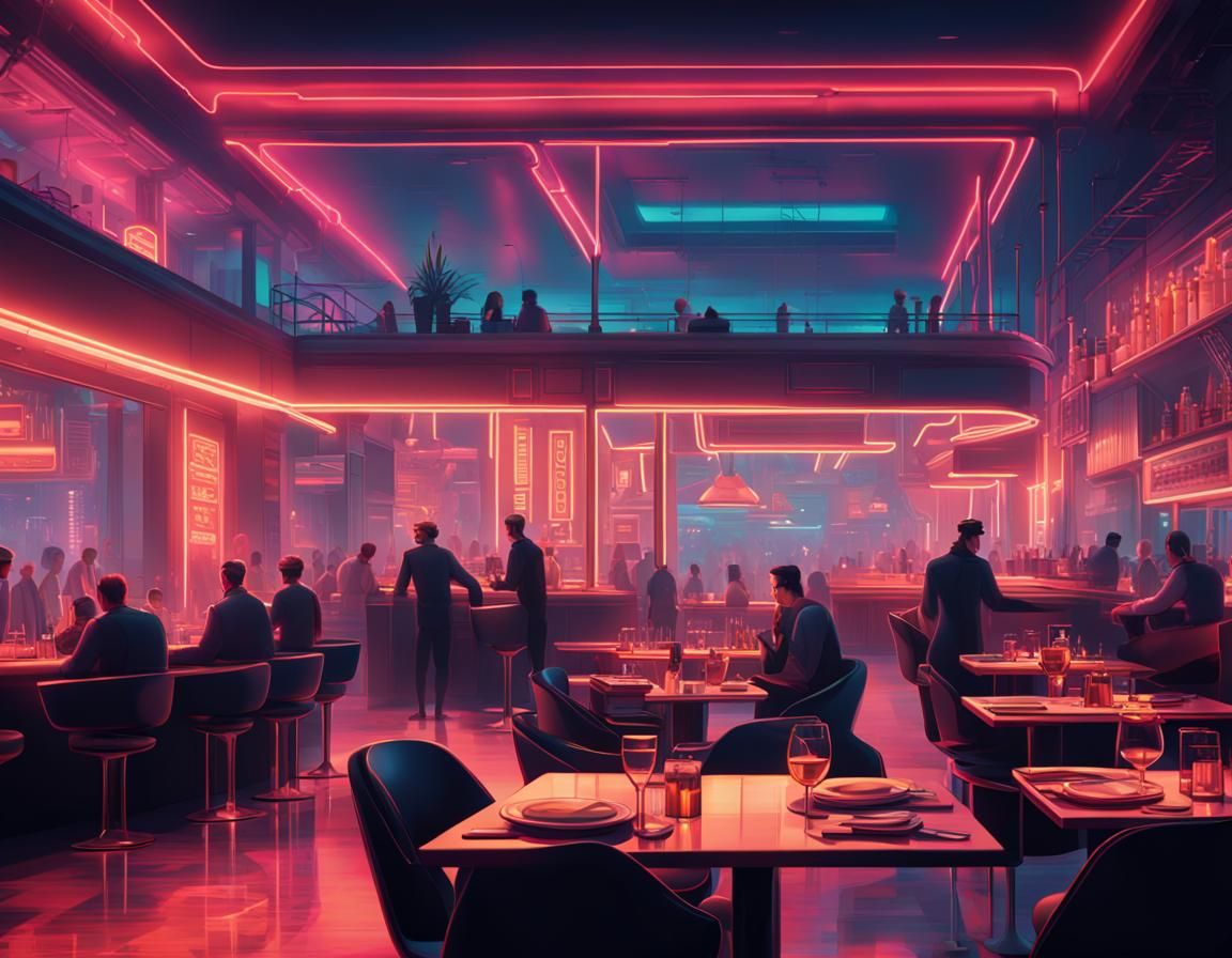 Cyberpunk Restaurant Scene with Neon Lighting