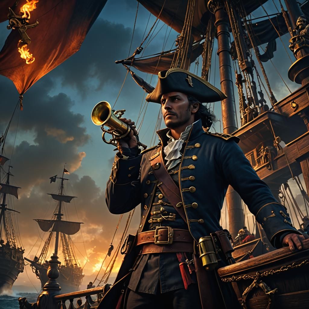 Sinister Bugler in Pirate Ship Battle, Digital Matte Paintin...