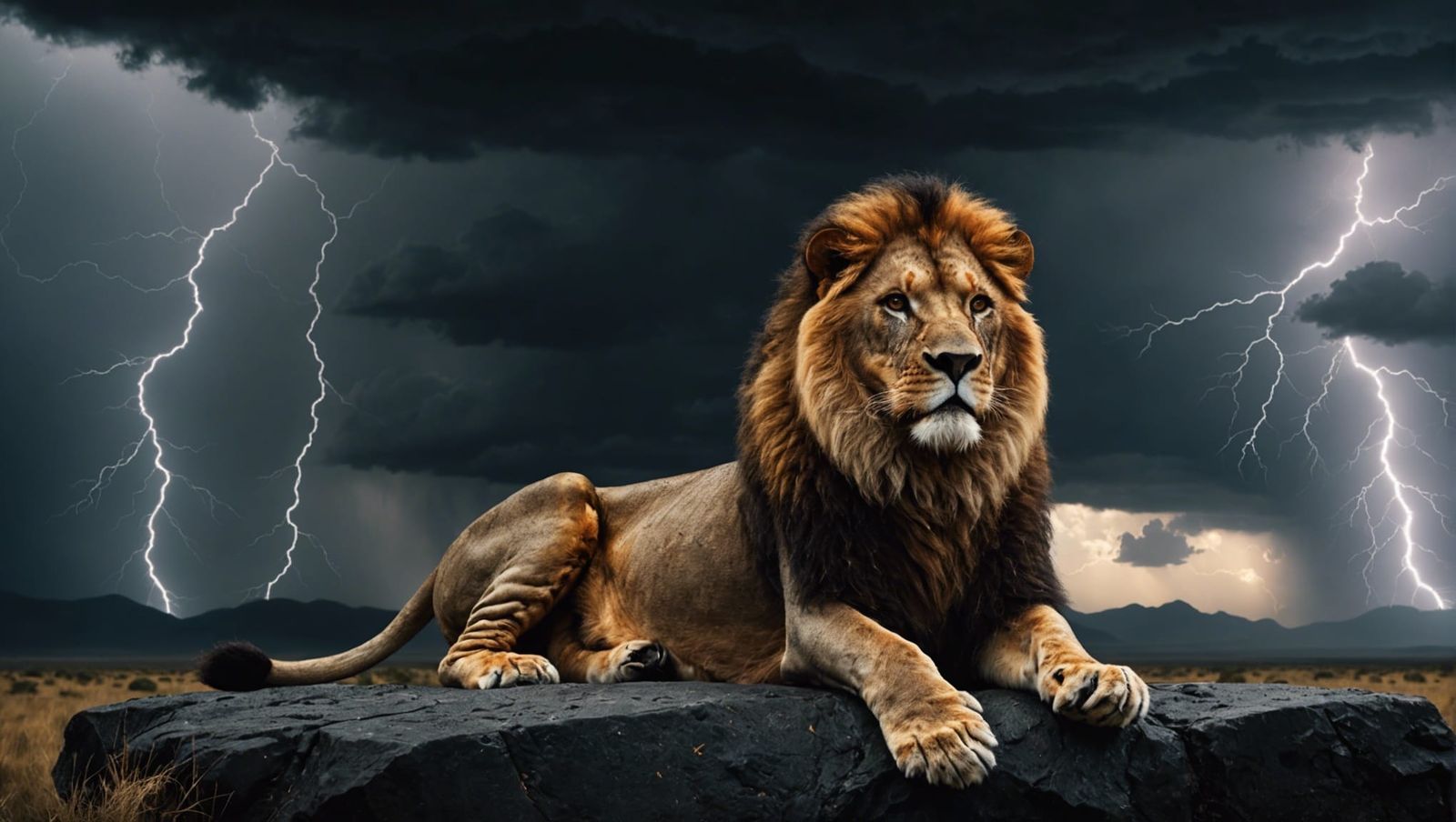 A calm male lion, black backround, dark clouds and lightning...
