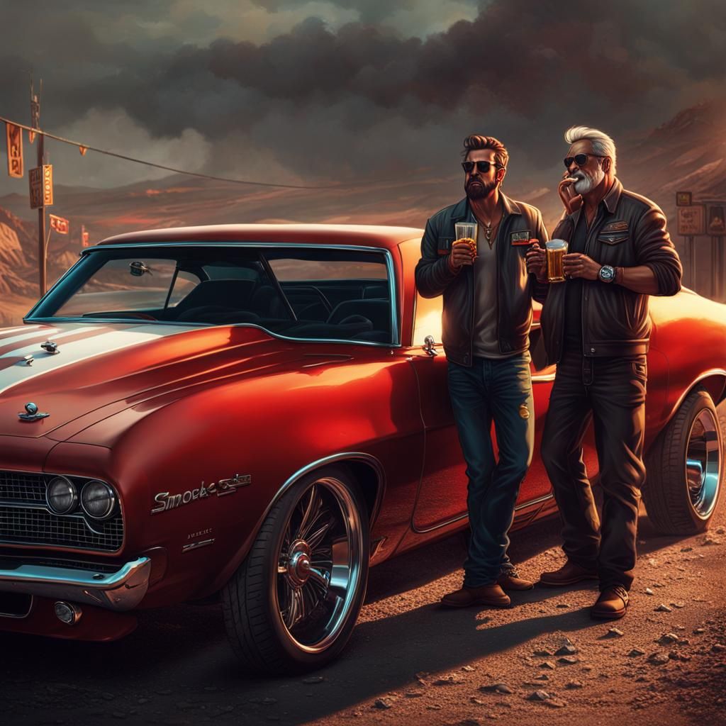 Men with Muscle Car: Detailed Matte Painting
