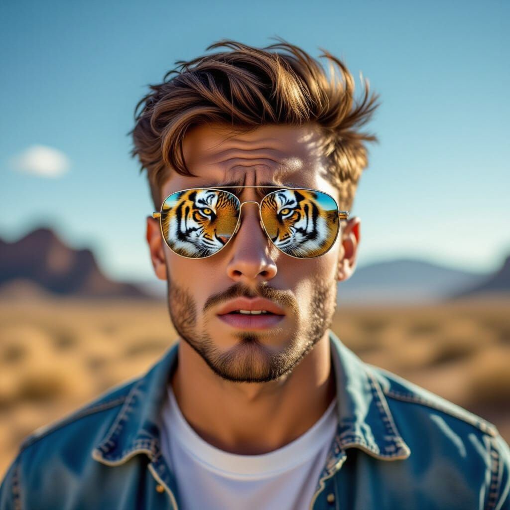 Frightened Man with Tiger Reflection in Sunglasses
