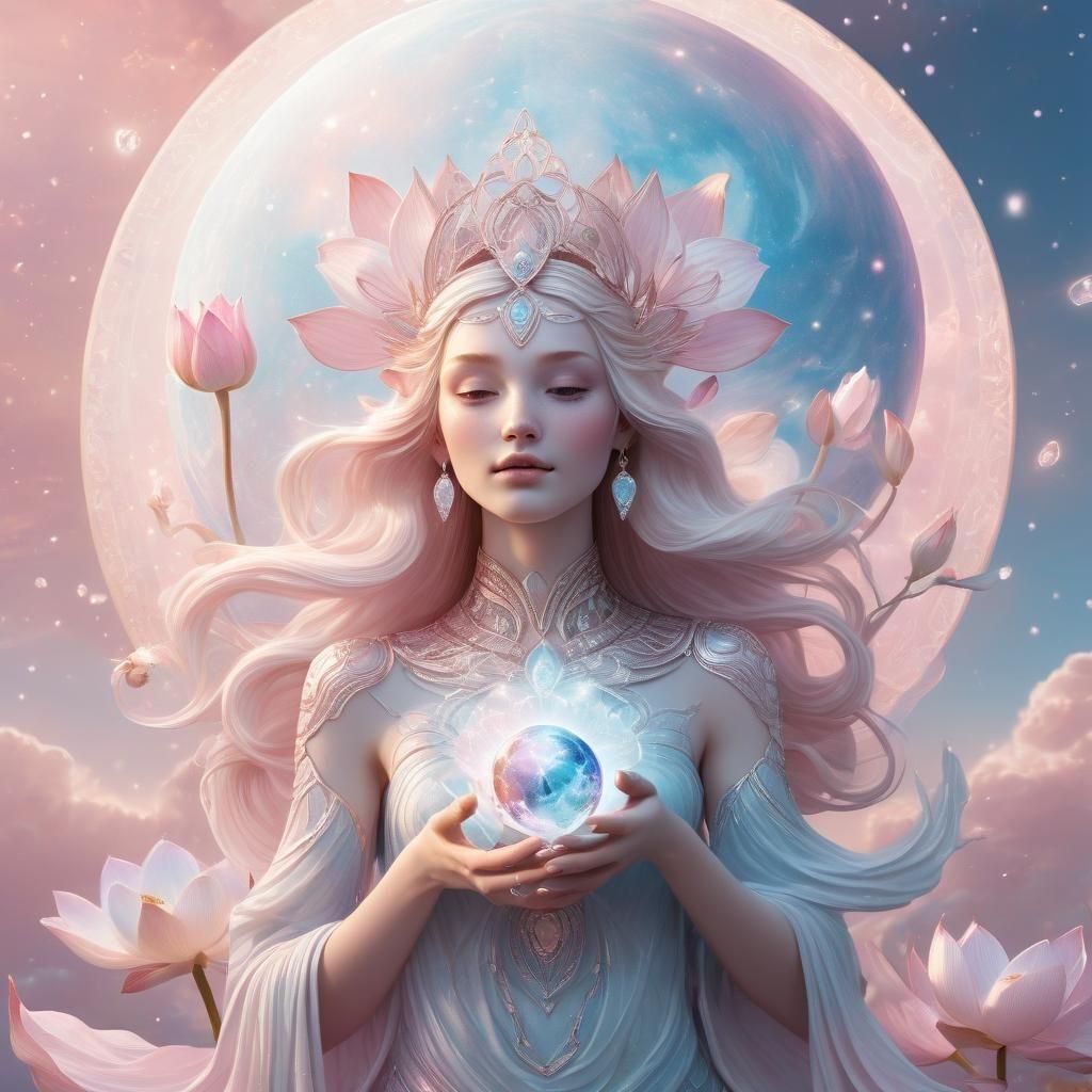 Ethereal Goddess with Lotus and Venus in Pastel Sky