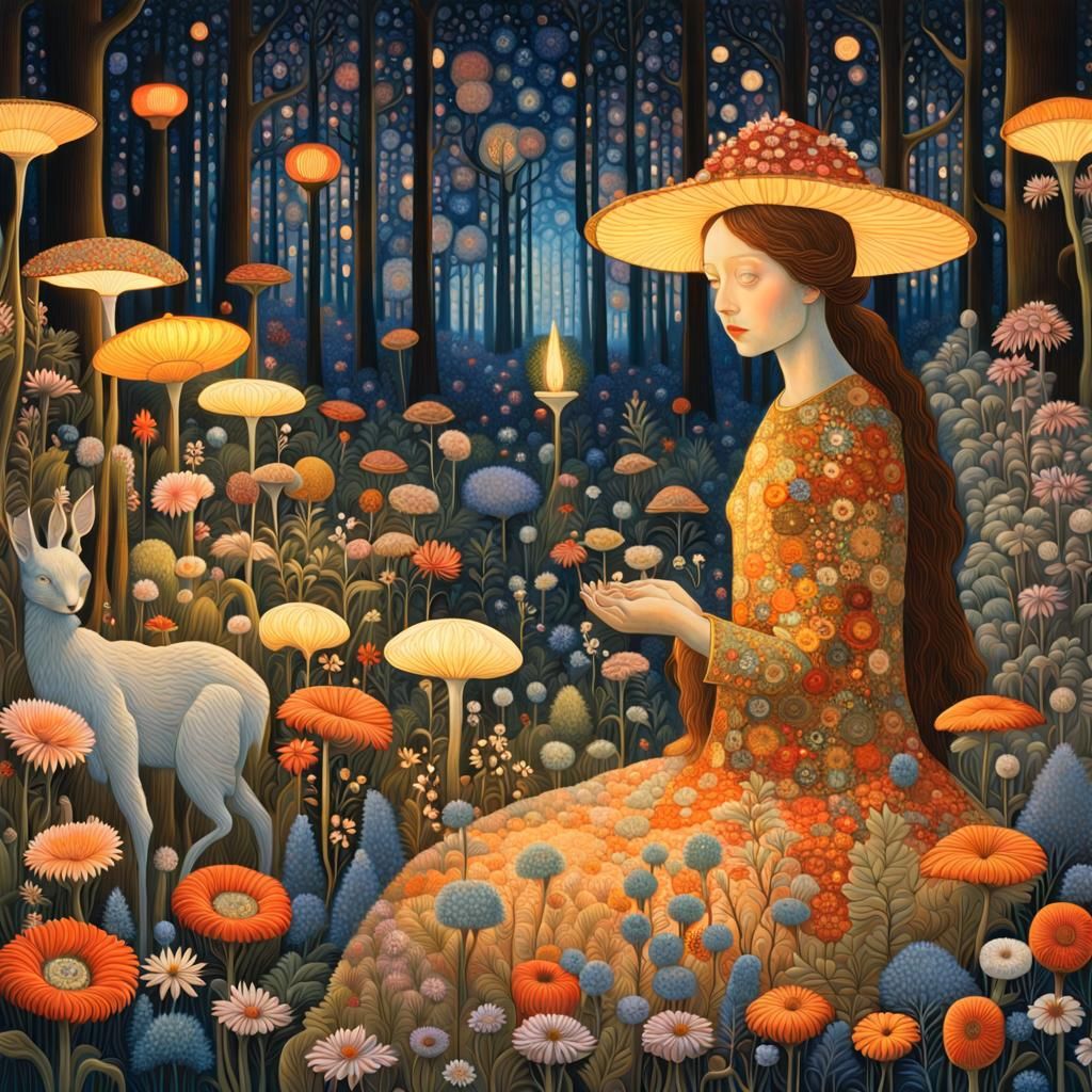 Sunset Woman in Floral Forest, Magic Realism