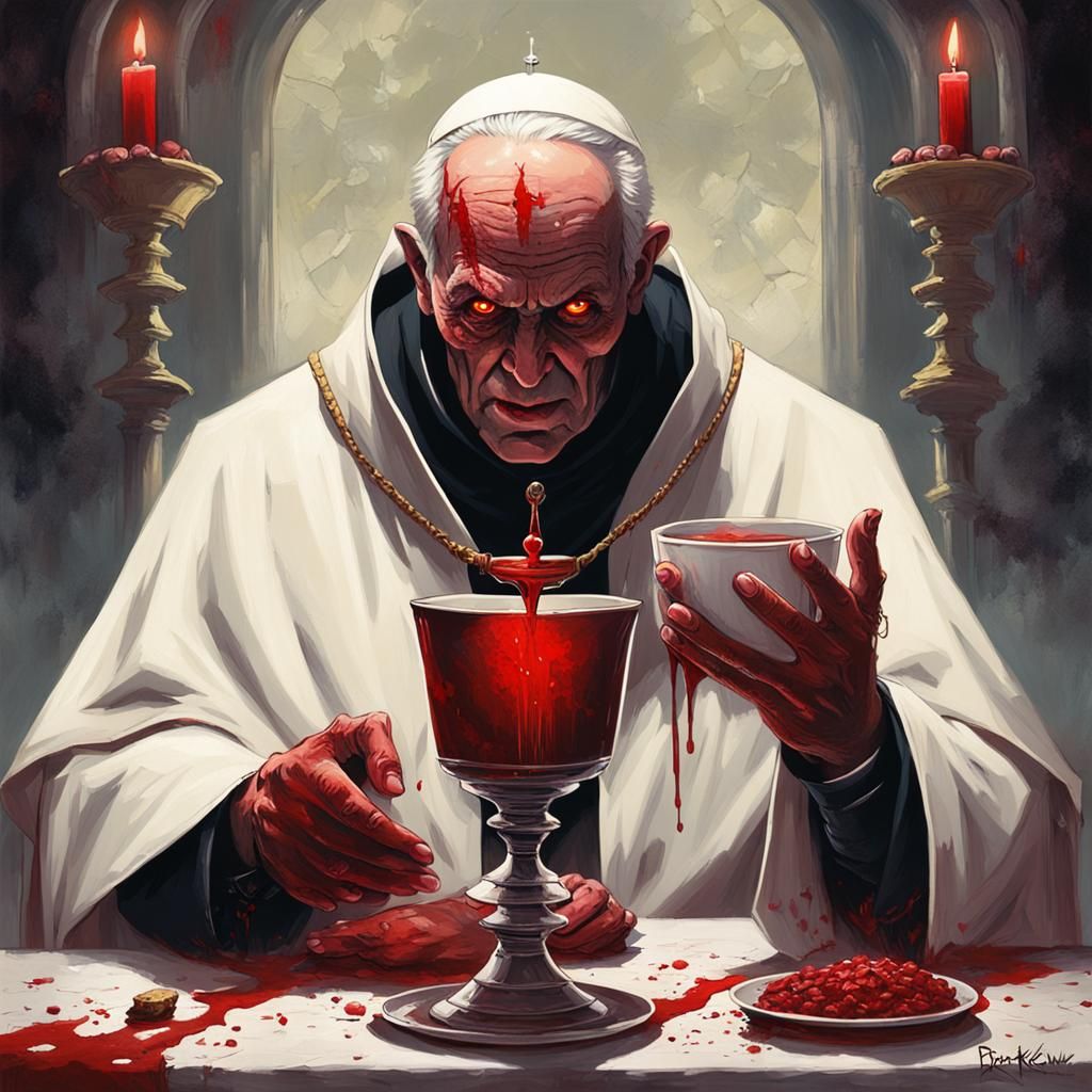Sinister Evil Pope Blessing Demon with Blood