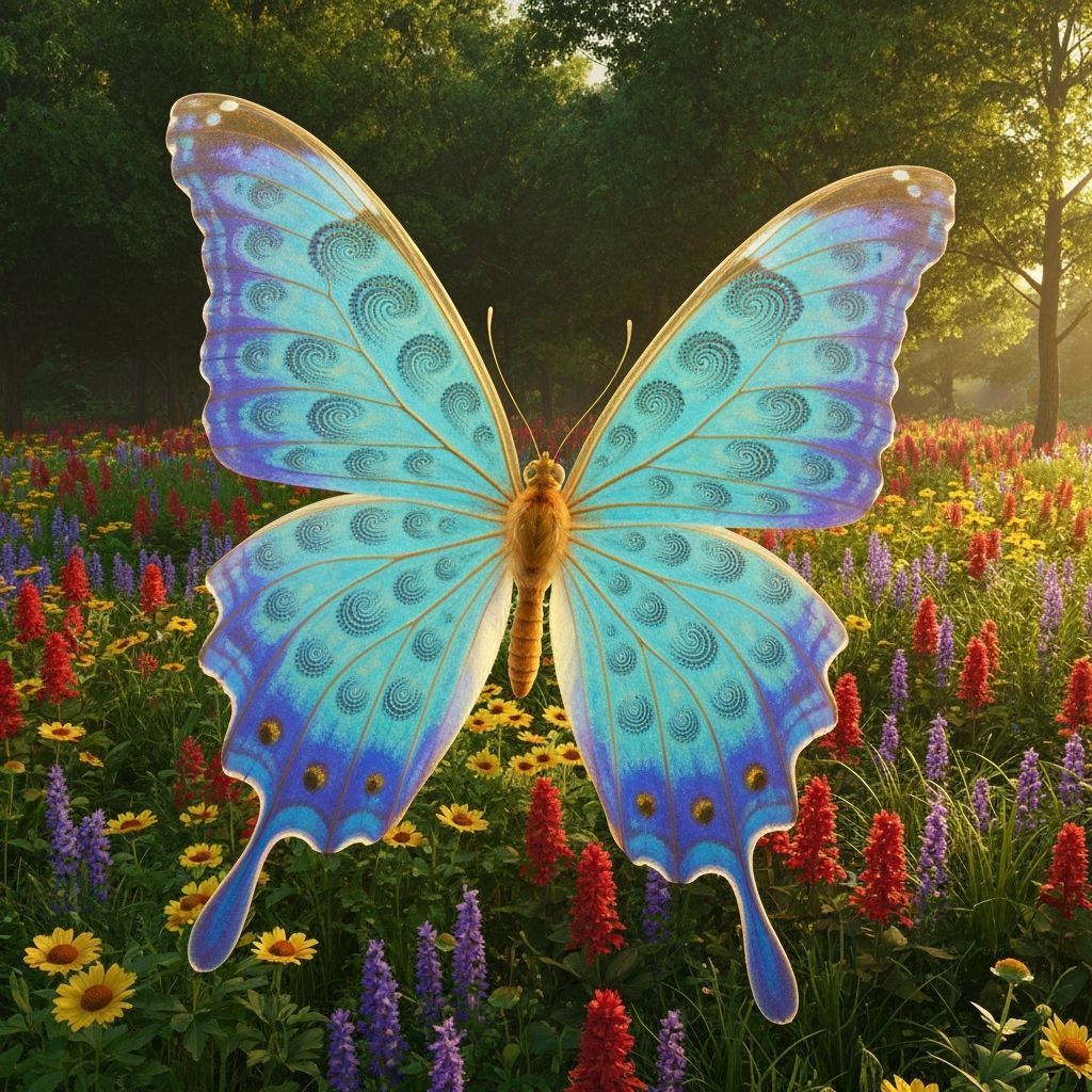 Iridescent Butterfly Soaring Over Sun-Drenched Forest