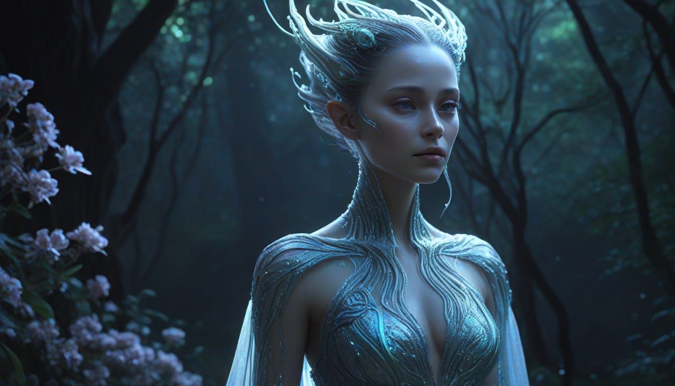 Ethereal Alien Woman in Flowing Gown Under Moonlight