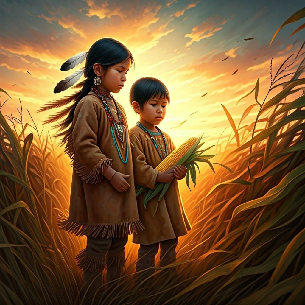Native American Sister and Brother in Hyperrealistic Sunset ...