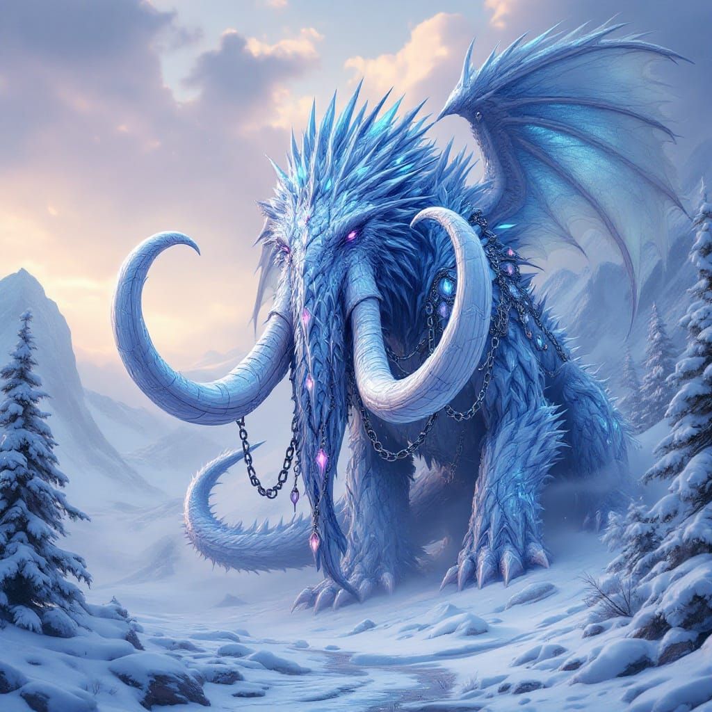 Majestic Woolly Mammoth Dragon Hybrid in Frosty Tundra