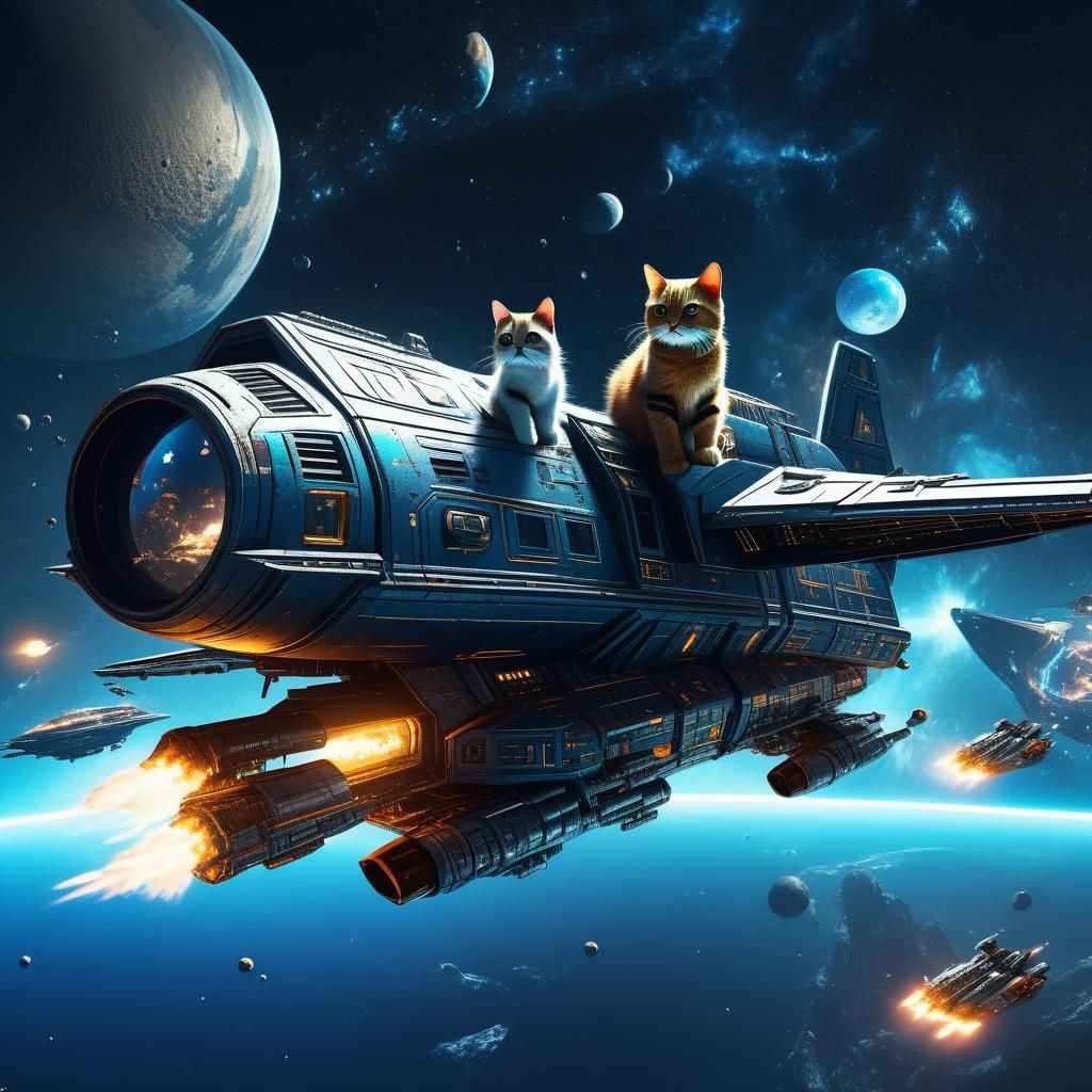 Cats Fly Spaceship: Detailed Fantasy Concept Art