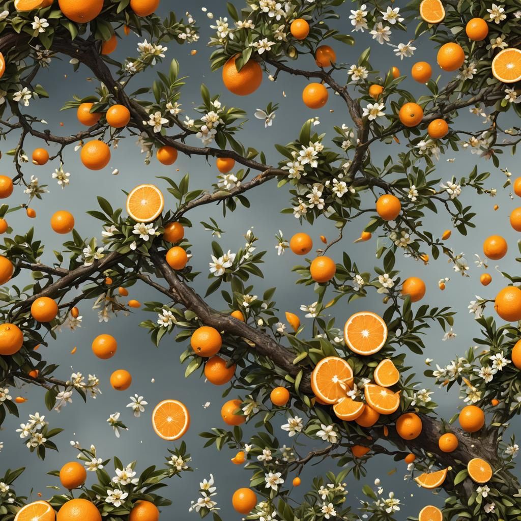 Juicy Orange Slice Among Blossoms: Detailed Matte Painting