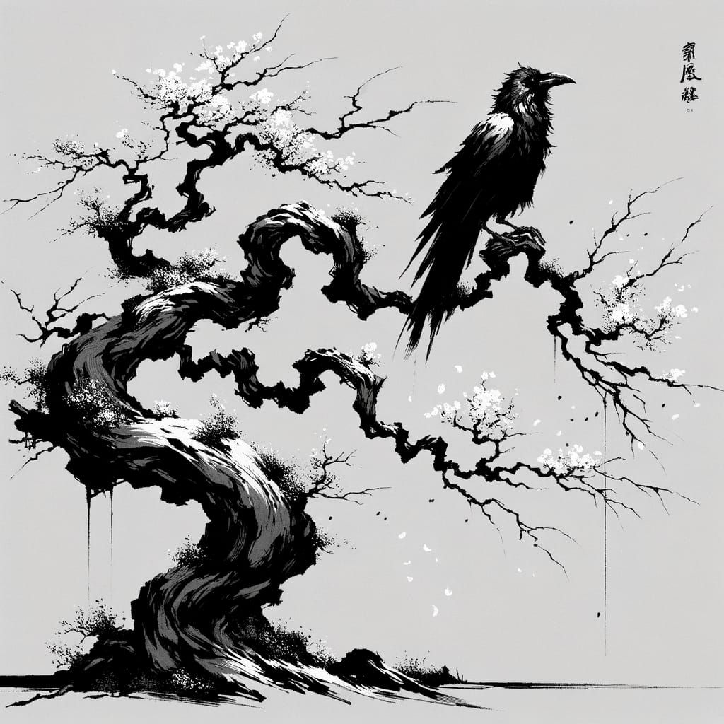Greyscale Ink Raven on Barren Sakura Tree