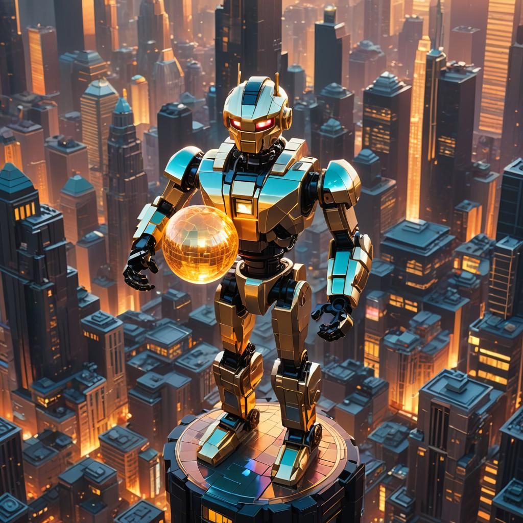 Vibrant Lego Art Deco Skyscraper at Dusk