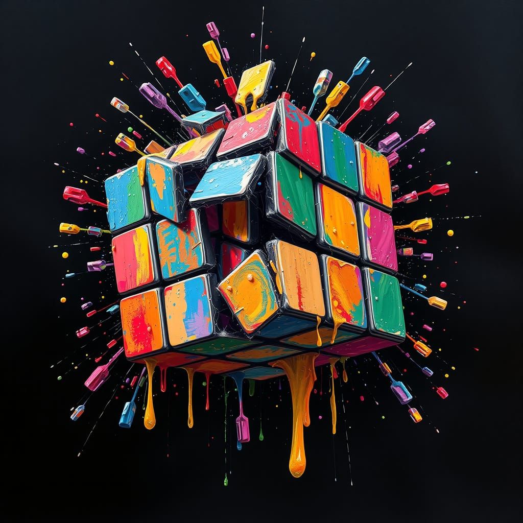 Vibrant Melting Rubik's Cube Abstract Art in Cyberpunk Style