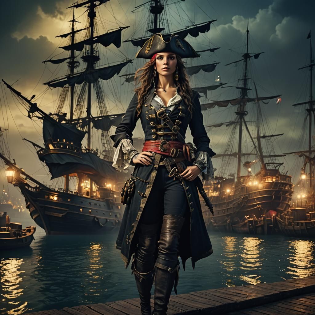 Female Pirate Posing in Harbour at Night