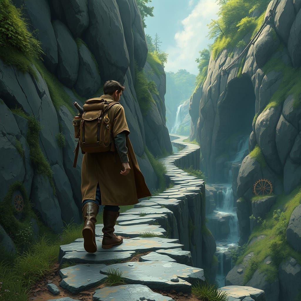 Hiker Embarks on Mystical Journey Through Whimsical Steampun...