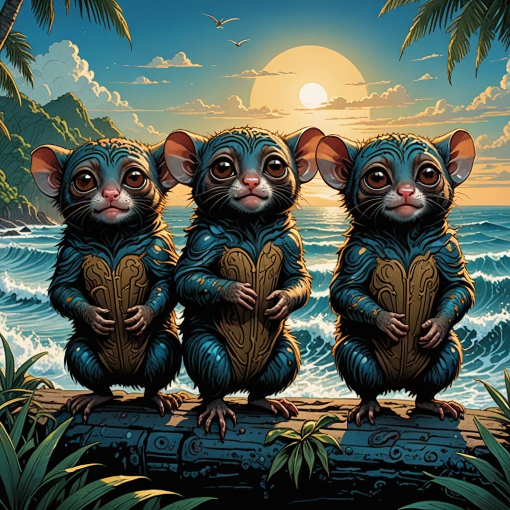 Tarsiers Laughing by the Sea in Comic Book Style